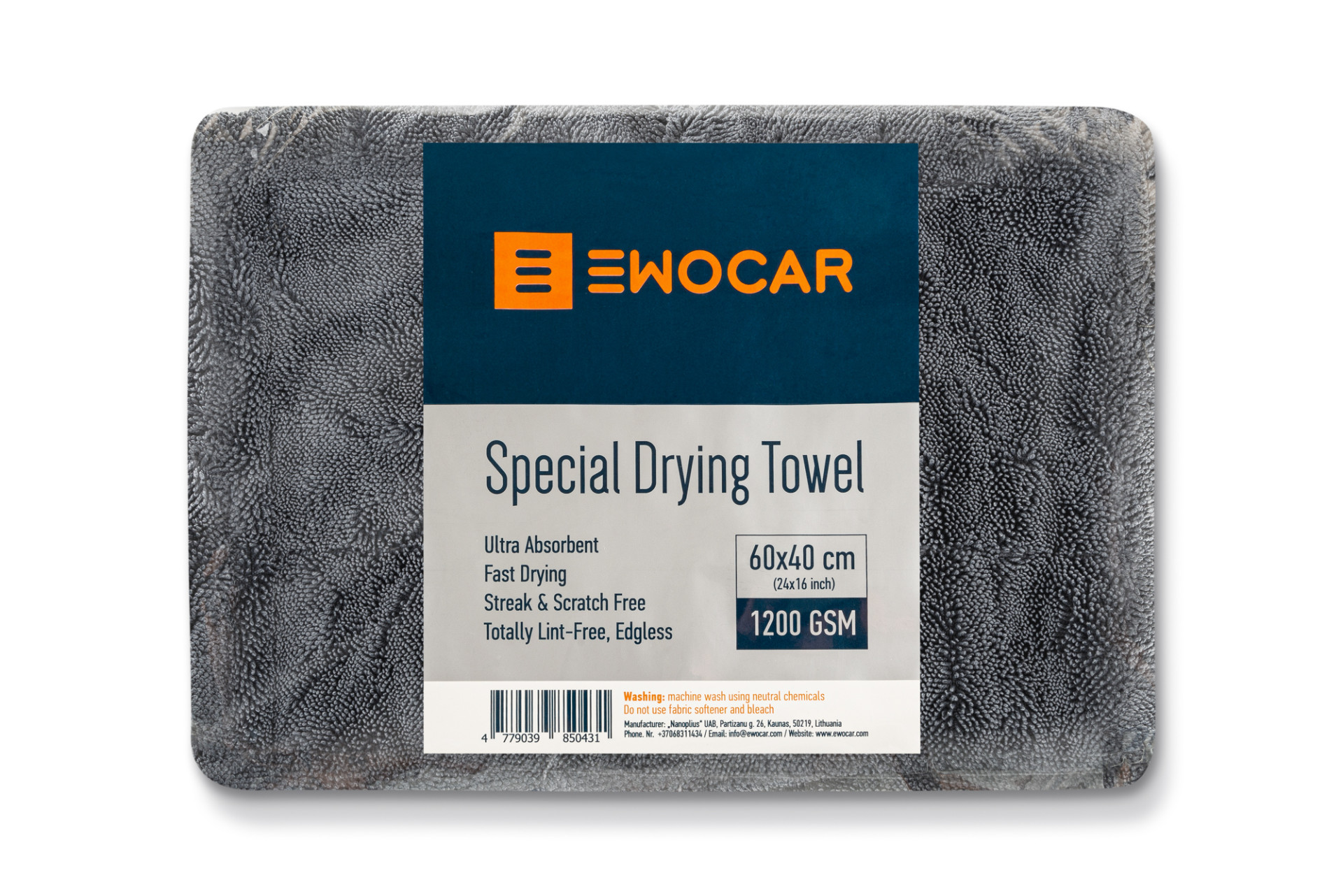 Ewocar Drying Towel Twisted Loop  GRIJS 1200 GSM 40x60cm droogdoek